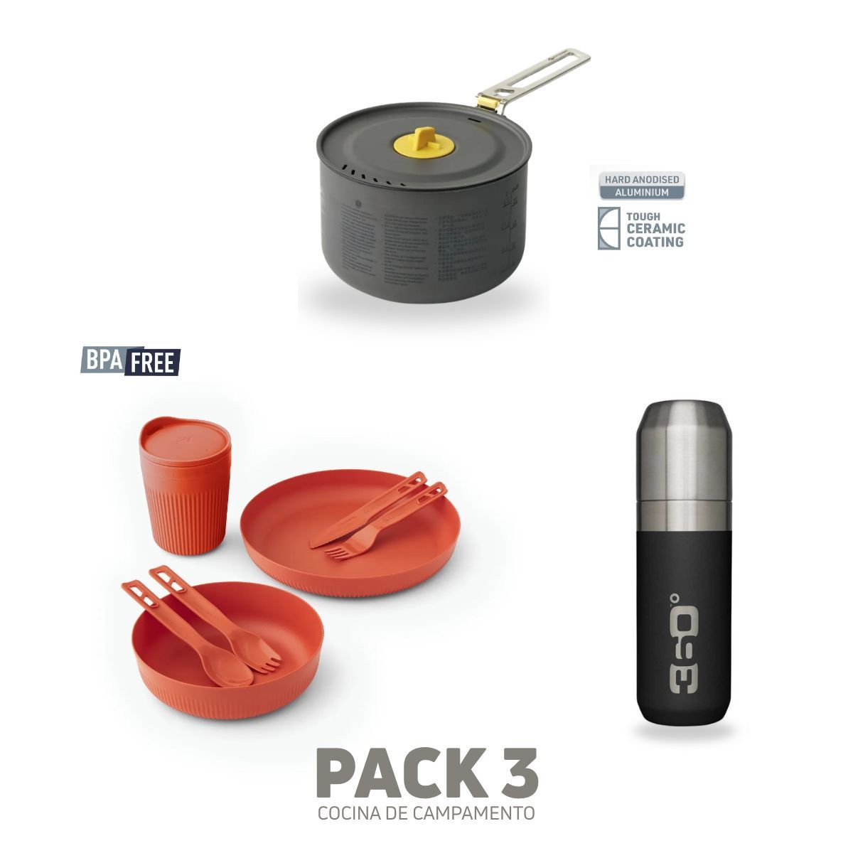 Pack 3 Cocina campamento Olla Termo Plato bowl cubiertos vaso